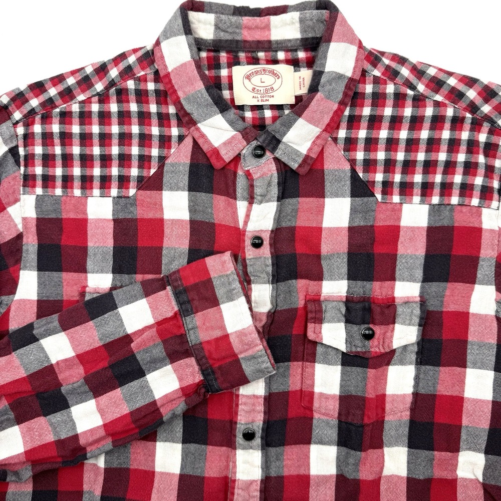 Brooks Brothers Shirt Mens L Red Plaid Western X Slim Fit Snap Front Cotton
